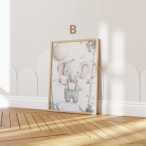 Cute Watercolour Elephant with Balloon Nursery Poster – Pastel Baby Room Wall Art (Unframed)