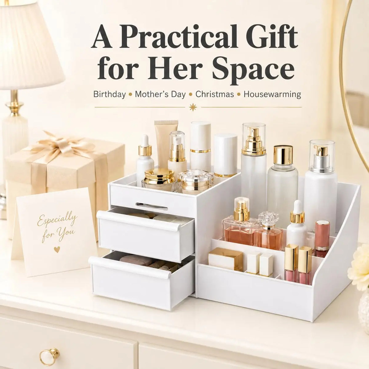 1pc White New Drawer Makeup Storage Box Dormitory Finishing Plastic Shelf Cosmetics Skin Care Dressing Table Desktop